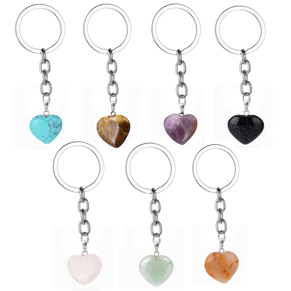 Hjärtform Natursten nyckelringar Nyckelringar Silver Färg Healing Ametist Rosa Kristall Bildekor Nyckelhållare för kvinnor män