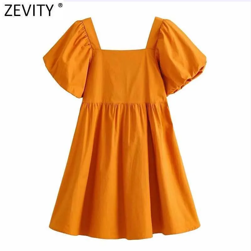 Zevity Women Vintage Square Collar Puff Sleeve Solid Mini Klänning Kvinna Chic Side Zipper Plats Retro Vestidos DS8314 210603