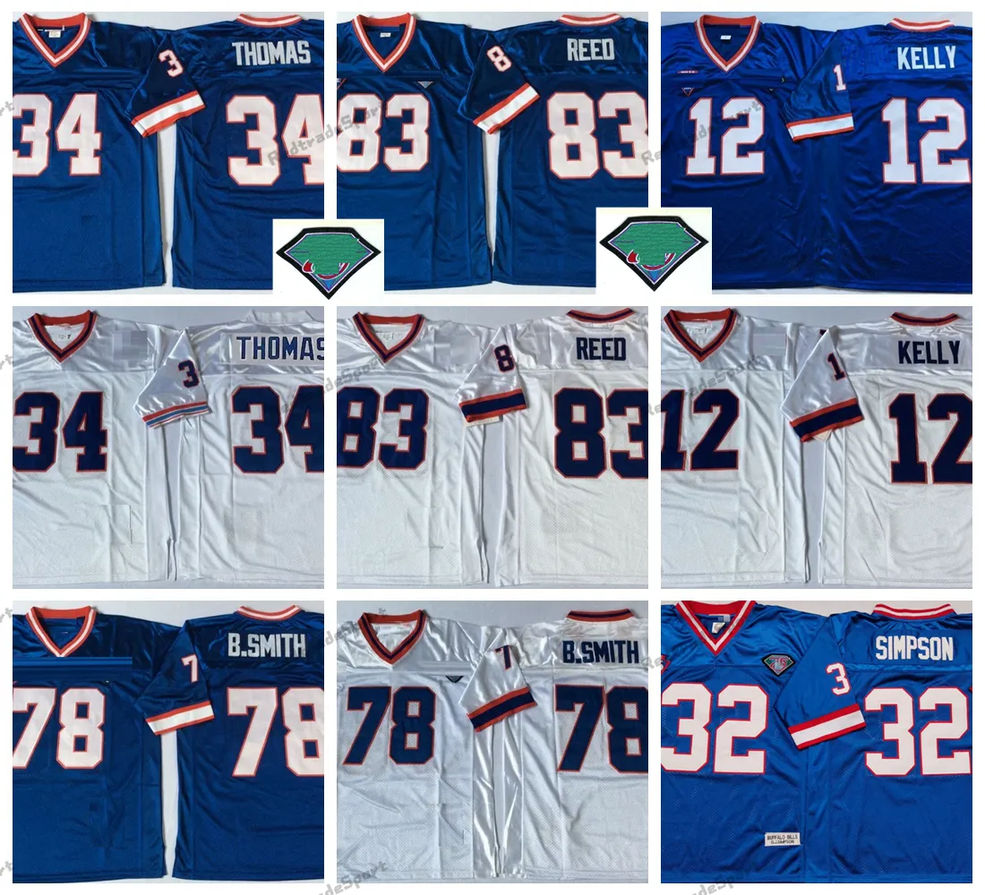 빈티지 1994 XXV 축구 유니폼 35th Mens 12 Jim Kelly 34 Thurman Thomas 78 Bruce Smith 83 Andre Reed 스티치 셔츠 32 OJ Simpson Blue Jersey