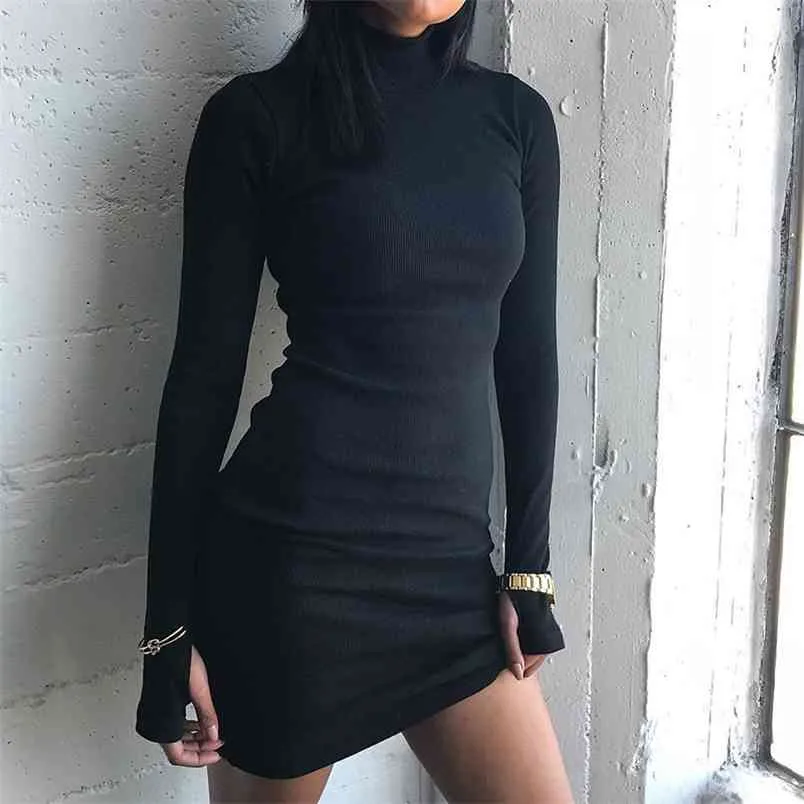 Black Mock Neck Long Sleeve Basic Mini Dresses For Women Casual Stretch Bodycon Lady Short Sheath Pencil Sexy Dress Vintage 210510