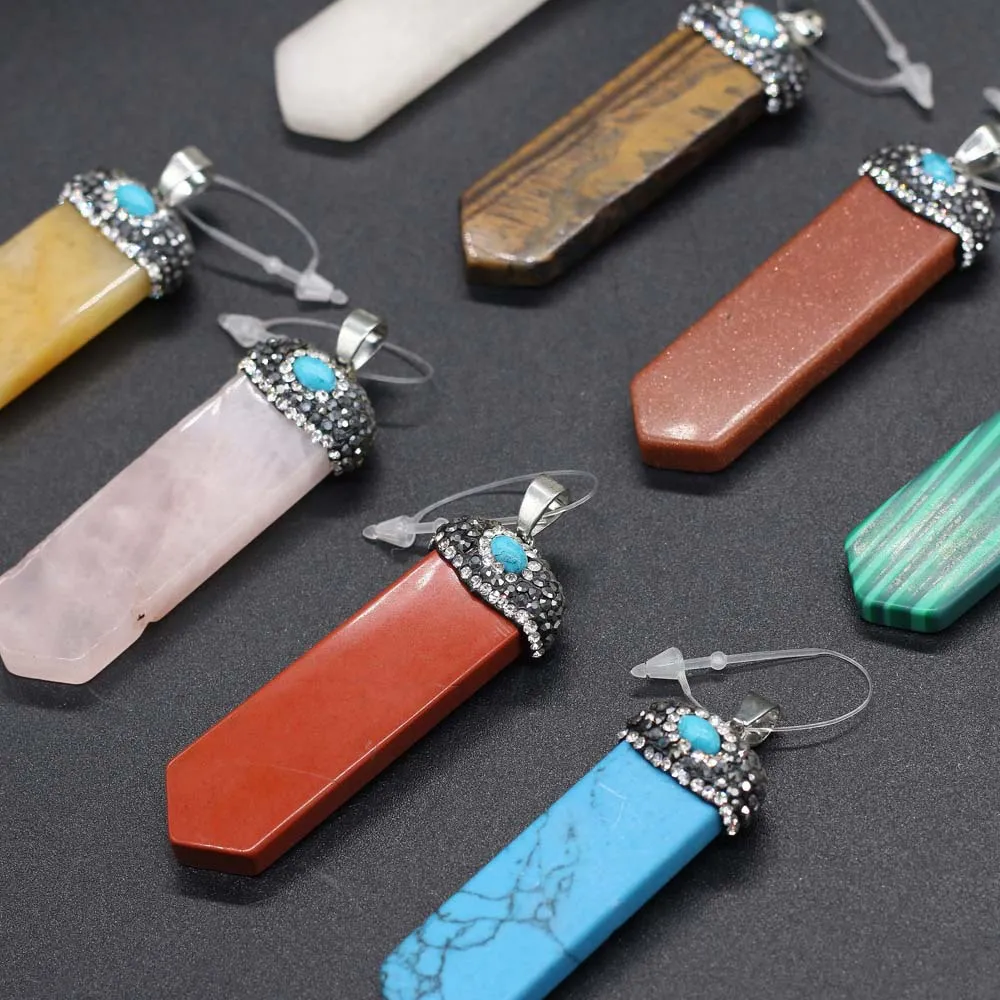 Wrap Natural Stone 7 chakra Charms Sword Shape Rose Quartz Healing Reiki Crystal Tiger eye Pendant Finding for DIY Men Necklaces Jewelry 18x55mm