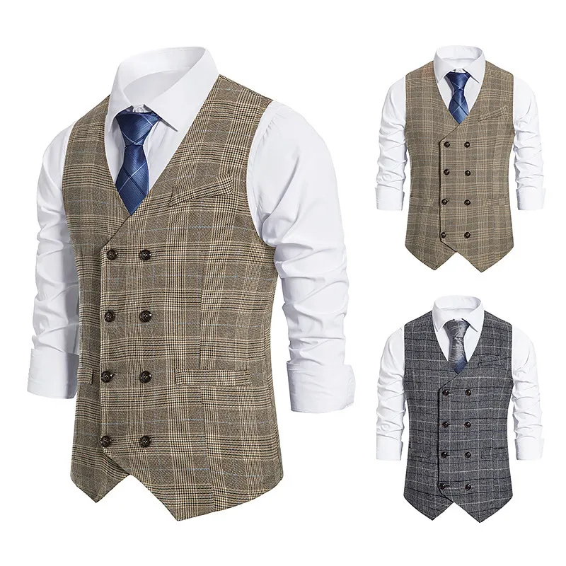 2021 Men's Polyester Plaid Khaki Gray Groom Vests Groomsmen Attire Tweed Business Suit Jacket Formal Groom's Wear Vest Men Wedding Tuxedo Waistcoat Casual Slim Cloth