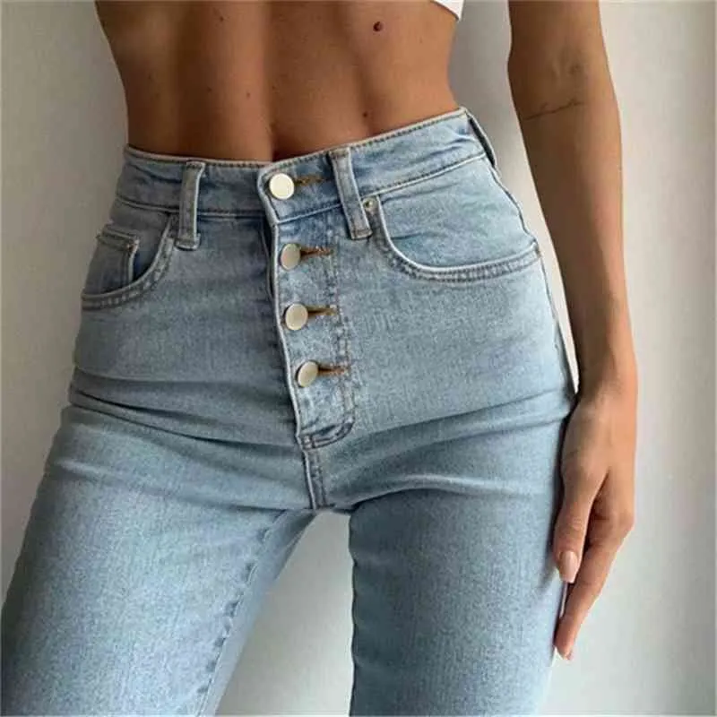 Primavera y verano Jeans de un solo pecho Pantalones de pies femeninos Pantalones de mezclilla de cintura alta para mujer Pantalones de lápiz de diseño 210514