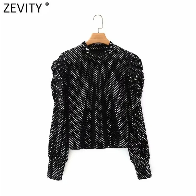 Kvinnor Mode Stand Collar Sequined Casual Velvet Smock Blouse Lady Pleated Puff Sleeve Blusas Kvinnor Tops LS7571 210416