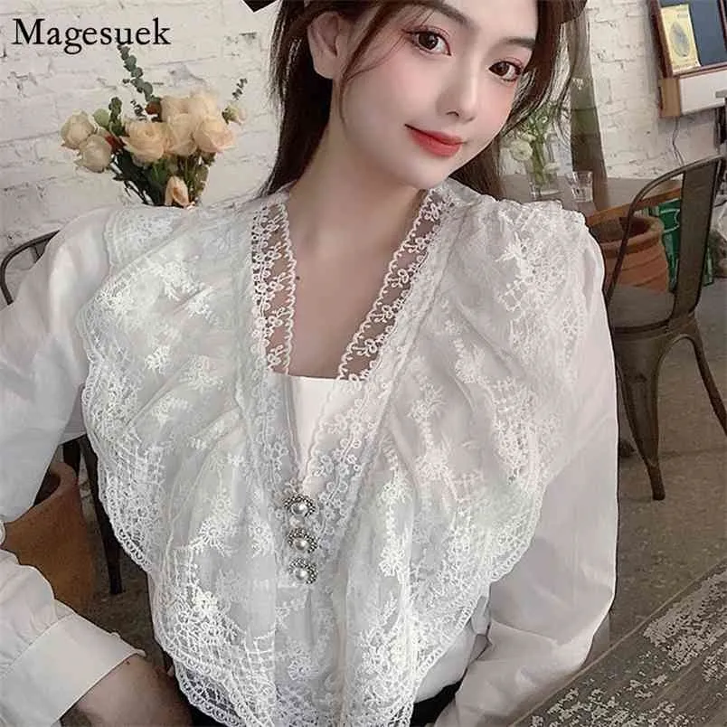 Vintage White Blouse Women Shirts Long Sleeve Crochet Lace Woman Shirt Tops V Neck Casual Ladies Office Blouses 13299 210512