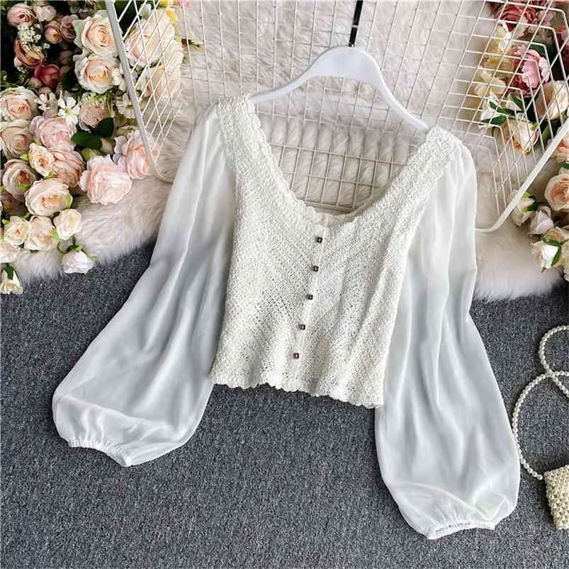 Western Style Girl Short Top Women Spring and Autumn French Fashion Hollow V-Neck Serd Puff Sleeve Skip069 210507