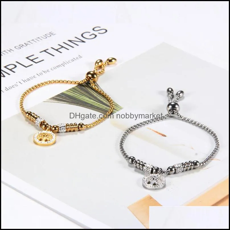 Vintage Gold Silver Color Stainless Steel Charm Bracelet with Tree of life Pendant Crystal Ball Bracelet for Woman