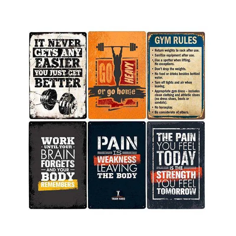 Work Out Slogan Poster Retro Gym Tin Sign Fitness Exercise Plate Vintage Sport Sign Pub Bar Gym Wall Decorative Plaque 20x30cm Q0723