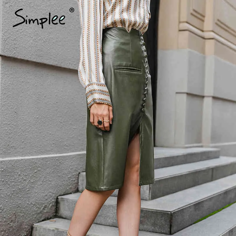 Sexy blackish green autumn winter women Elegant office pu leather skirt High street fashion female pencil skirts 210414
