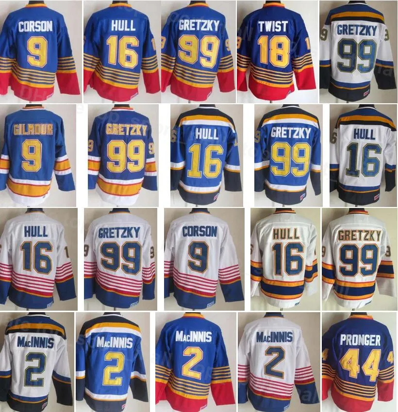 Hokej na lodzie Vintage Retro 16 Brett Hull Jersey 99 Wayne Gretzky 9 Doug Gilmour 18 Tony Twist 2 Al Macinnis 44 Chris Pronger 7 Joe Mullen Sport Stitched Niebieski Biały LanDiao