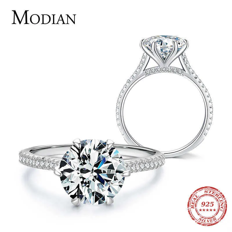 Clear 3ct CZ Ring Stone Classic Real 925 Esterlina Prata Anéis de Coroa para Mulheres Casamento Engagement Declaração Fine Jewelry 210707