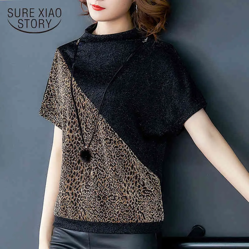 Koreanska mode kläder damer leopard kontor o-neck kortärmad skjorta toppar blusas skjortor plus storlek kvinnor 8498 210415
