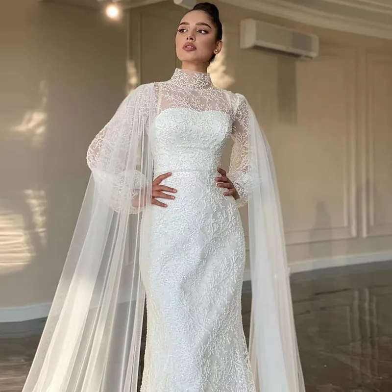 Robe de Mariee Sexy 2022 Mellanöstern Bröllopsklänning med Warp Långärmade Vintage Lace Bridal Gowns för Women Vestido Gotico