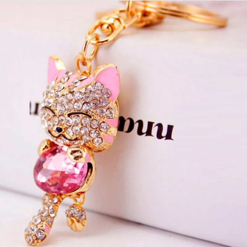 Cristal diamant porte-bonheur chat porte-clés en métal porte-clés bagages décoration pendentif porte-clés mode chat forme porte-clés porte-clés petits cadeaux