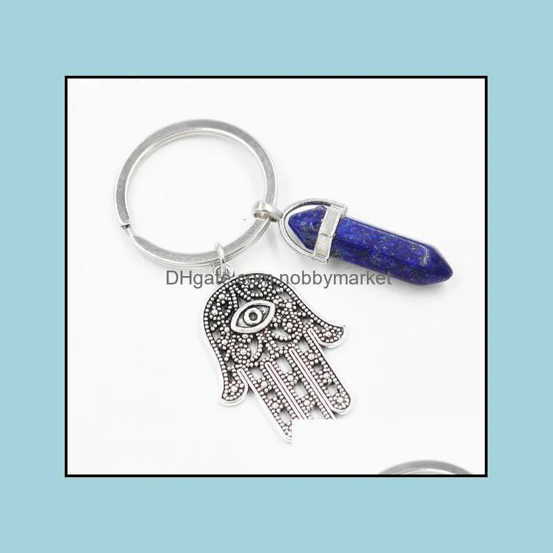 Fashion Keychain Hand of Fatima Charm Blue Evil Eye Hamsa Hands Pendant Handbag Charms Natural Stone Key Rings Keyring Chains Holder