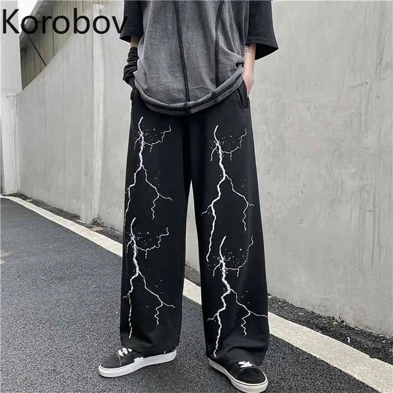 KOBOV Coreano Streetwear Iluminação Imprimir Harajuku Mulheres Calças Vintage Black Cintura Alta Cintura Lega Calças Moda Jogadores 210430