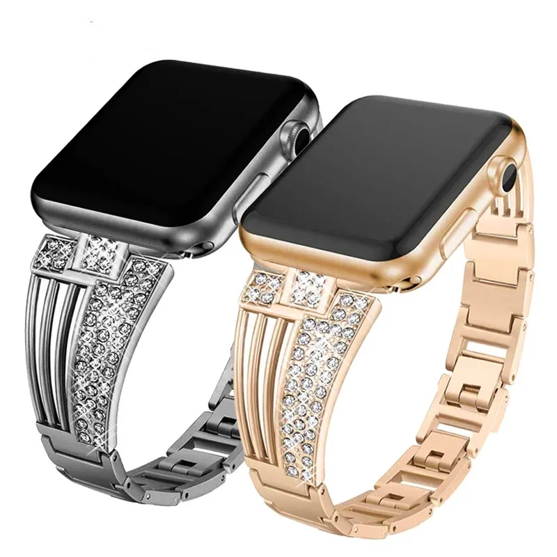 Luxury Crystal Diamond Bracelet Strap For Apple Watch Ultra 49mm Band 8 7 42mm 38 40mm 44 mm Series SE 6 5 4 3 Bands Steel Women Wrist iwatch 41mm 45mm