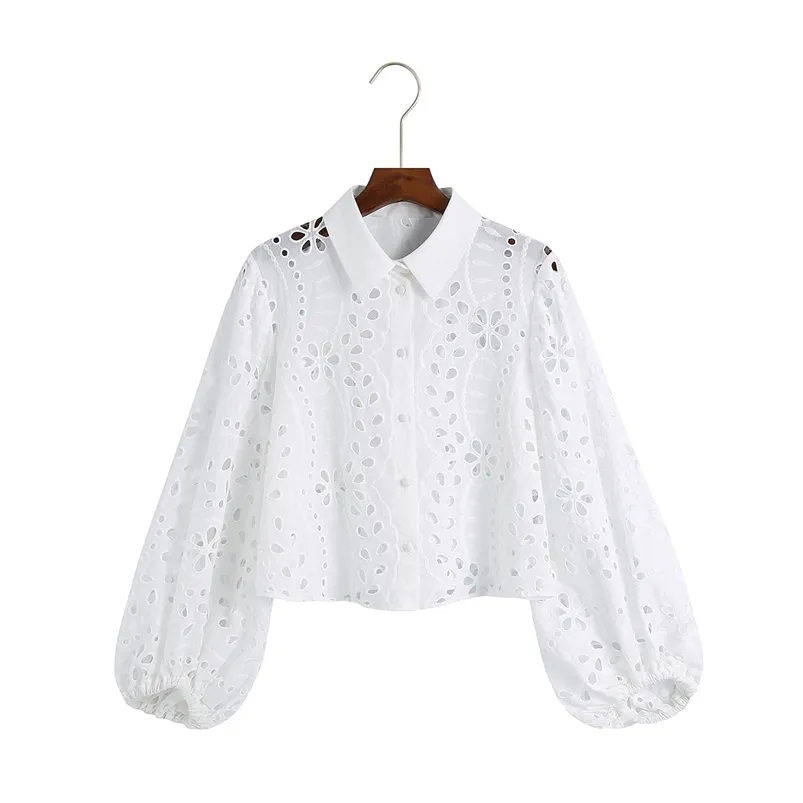 HSA女性の白いブラウスレースの花かぎ針編みのパフスリーブコットンボーシャツBlusas Roupa Feminina Outwear 210430