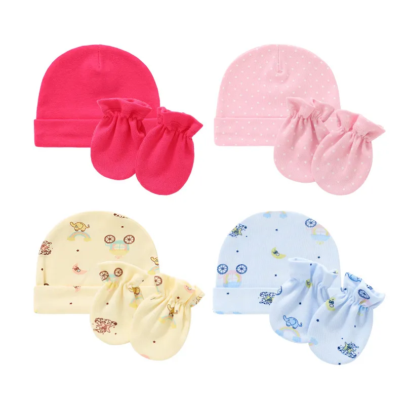 Baby anti-krabben katoen handschoenen baby hoed set pasgeboren gezicht bescherming kras wanten ademend katoen warme cap baby bonnet 2498 Q2