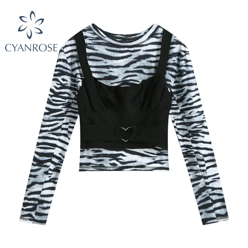 Kvinnor Zebra Tryck Bodycon Crop T Shirt och Strap Vest Outfits Spring Långärmad Tees Party Club Bar Tide E-Girl Mantel Top 210417