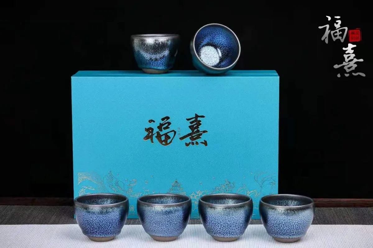 Jianzhan Chinese Vintage Tea Cup Cups Oil Glaze Tenmoku Pottery Health Benefits6 Gift Boxes for Personal Use/Blue Kirin Suit Sauces