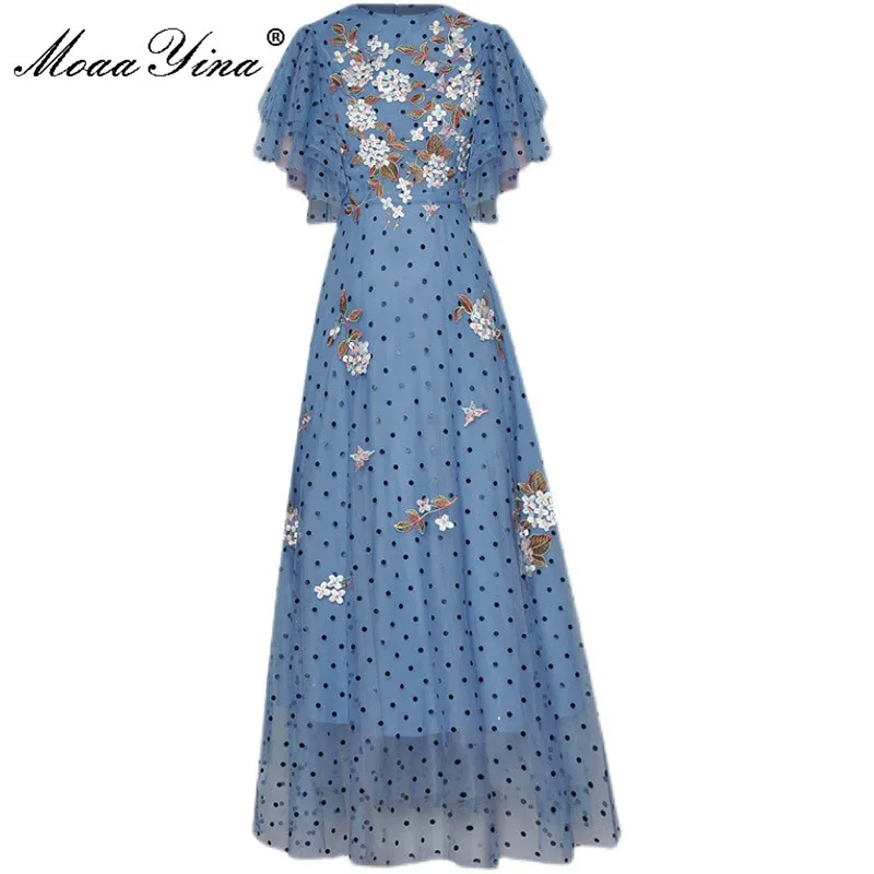 Mode Runway Sommar Elegant Mesh Dress Women Blue Butterfly Sleeve Polka Dot Broderi Vintage Party Long 210524