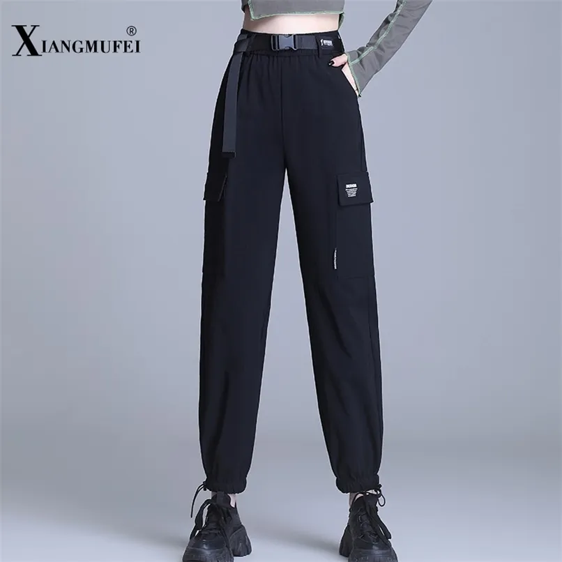 Woman Solid Color Cargo Pants Summer Loose High Waist Harem Ankle-length with Belt Pockets Personality Trousers 210915