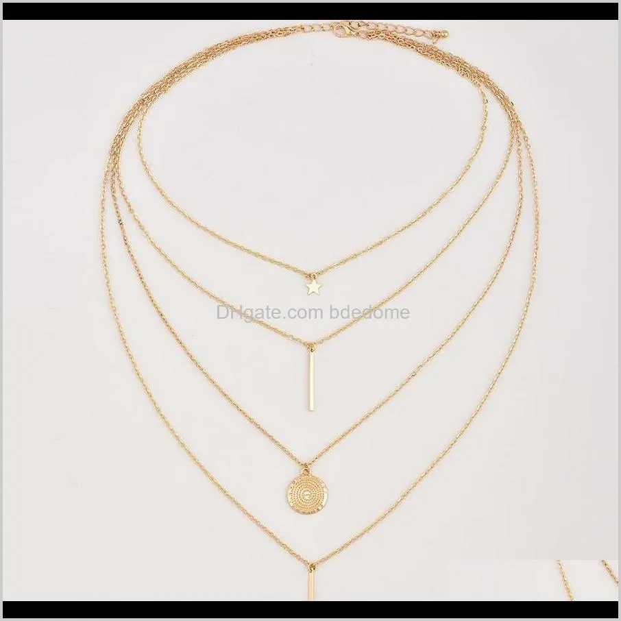 fashion necklace star bar disc pendant four layer necklace gold color plated metal chain woman necklace