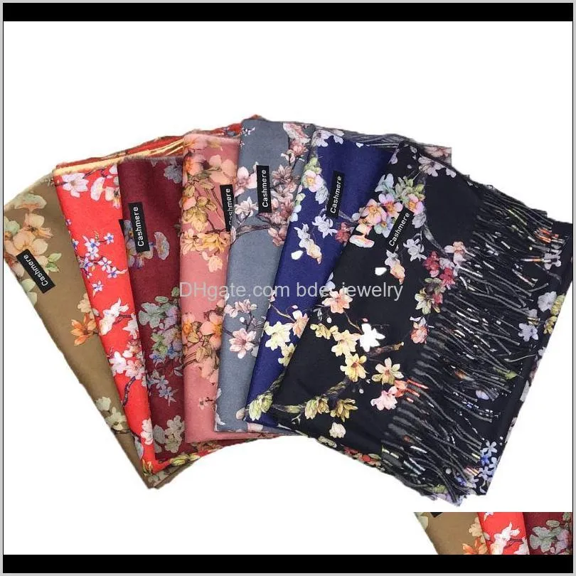 vintage fashion scarf women winter warm flower pattern tassel scarves designer luxury long print wraps shawl