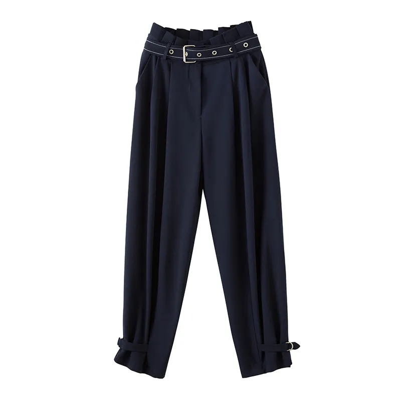 Women Navy Blue High Waist Harlan Beam Pants Button Pocket Sash Summer Casual Loose P0029 210514