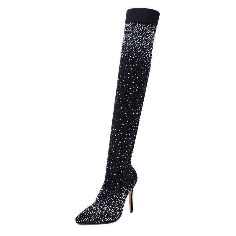 Женщины над коленными ботинками Rhinestone Boots Boots Socks Упругие сексуальные высокие каблуки Bling Sequin вязаные эластичные высокие каблуки H1116