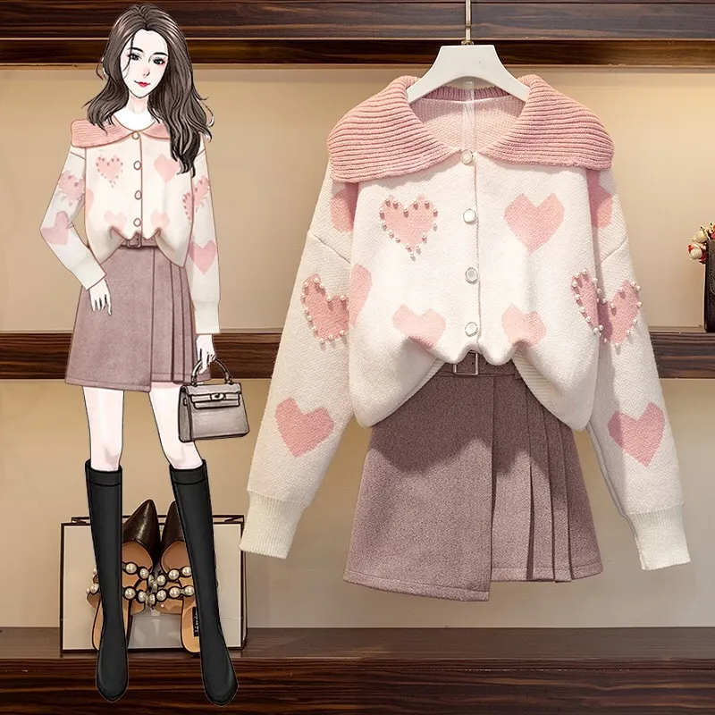 甘い女の子ピンクの服スーツ秋冬人形襟ハートパターン真珠のセーター+サッシプリーツスカートウール2ピースセット210416