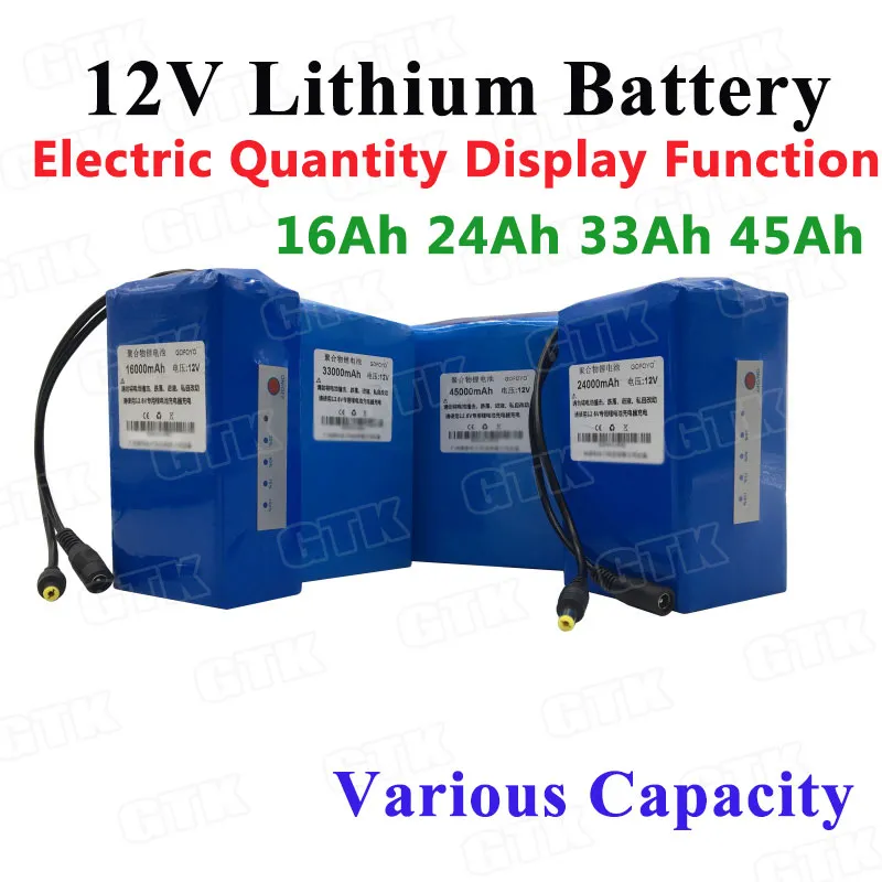 12V 16Ah 24Ah 33Ah 45Ah Lithium ion battery pack with BMS for portable power source e-bike fishing lamp HID lamp +3A charger