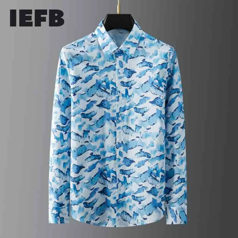 IEFB海洋生物学的アート抽象的なデジタルコットン印刷メンズスプリング長袖シャツブルーファッションシングルブレスト9Y5553 210524