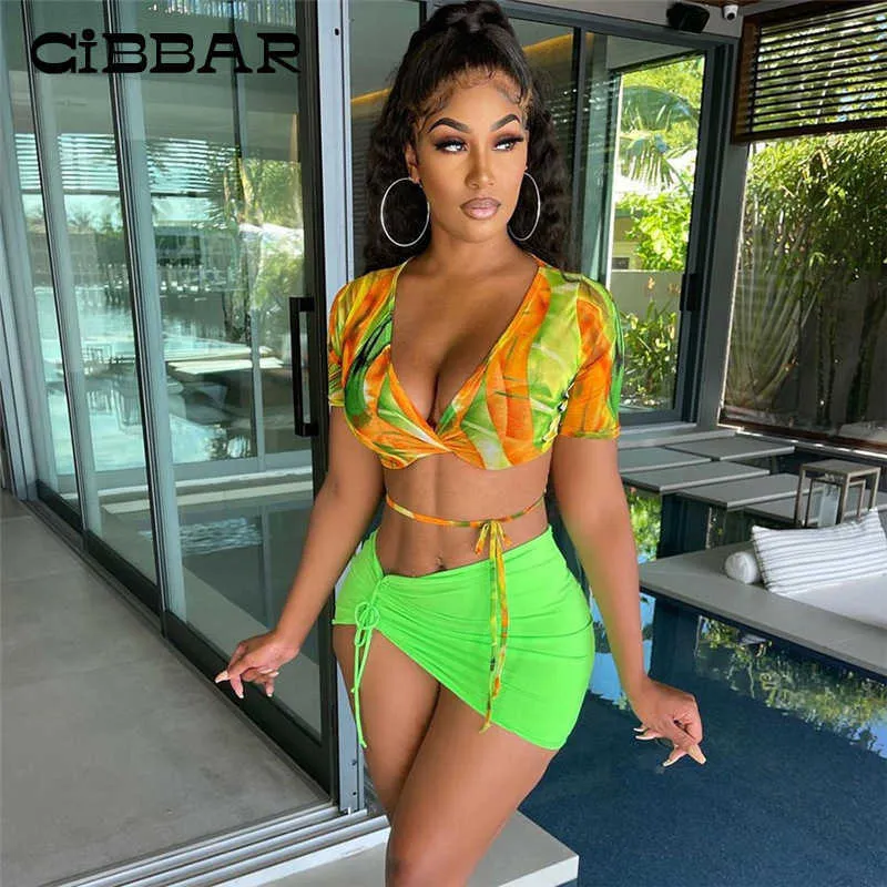 CIBBAR Dstring Slim Two Piece Sets For Women Vacation Outfits Printed Crop Top And Mini Skirt Suits Sexy Bandage Clubwear X0709