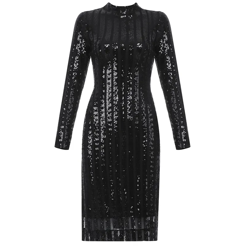 Moda Mulheres Dress Long Sleeve Sequin Sexy Party Club Outono Roupas Inverno Negra Celebridade 210515