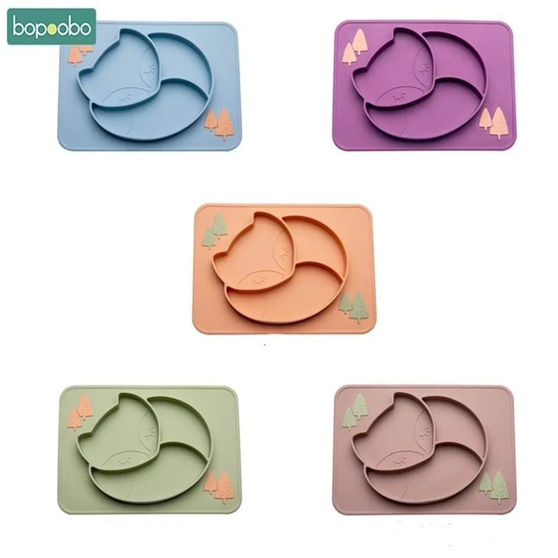 Bopoobo 1PC 베이비 플레이트 식품 학년 실리콘 만화 패턴 미끄럼 방지 아이 식기 캔디 색상 분할 된 먹이 GIF 211026