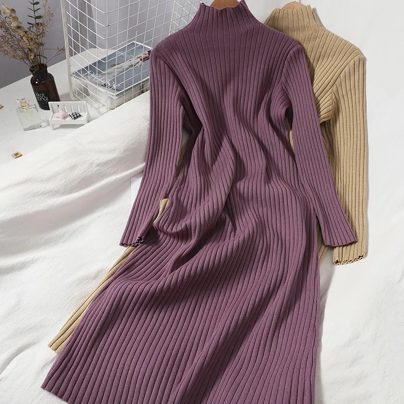 Herbst Rollkragen Pullover Einfarbig Kleid Frauen Koreanische Dünne Versunkene Streifen Gestrickte Lange für Frauen Gerade 210420