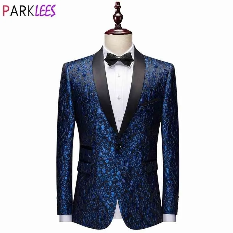 Snygg Floral Jacquard Royal Blue Blazer Men Sjal Lapel One Knapp Klänning Blazer Jacka Man Party Bankett Tuxedo Kostym 6XL 210522