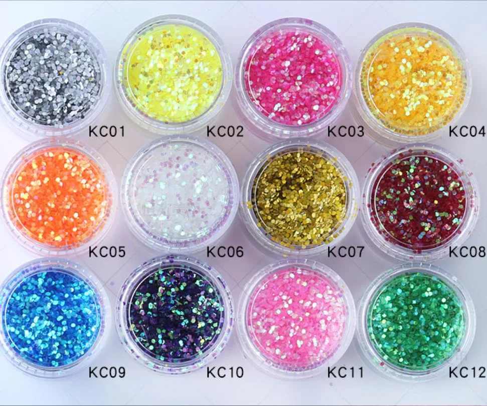 12bottle/lot Acrylic Powder Mixed Hexagon Colorful Symphony Sequins For Body Face Pigment Holographic Nail Art Powder