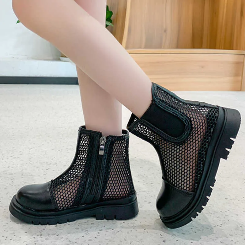 Girls summer boots children mesh breathable Martin princess high-heeled short style hollow 210713