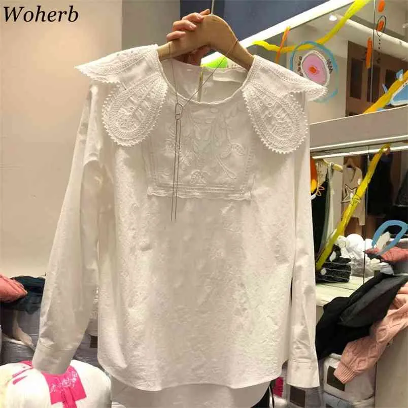 Весенние хлопчатобумажные женские одежды кружева с длинным рукавом повседневная рубашка корейский модные топы Peter Pan Gology White Elegant Blouse 210519