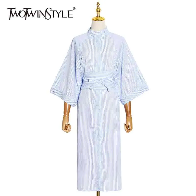 Casual vestido de túnica listrada para mulheres lapela meia manga altura cintura lado vestidos femininos moda roupas 210524