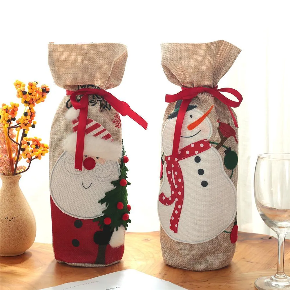 Christmas Wine Bottle Cover Gift Bags Santa Snowman Pattern Home Dinner Decoration Party Table Ornaments RRB11579