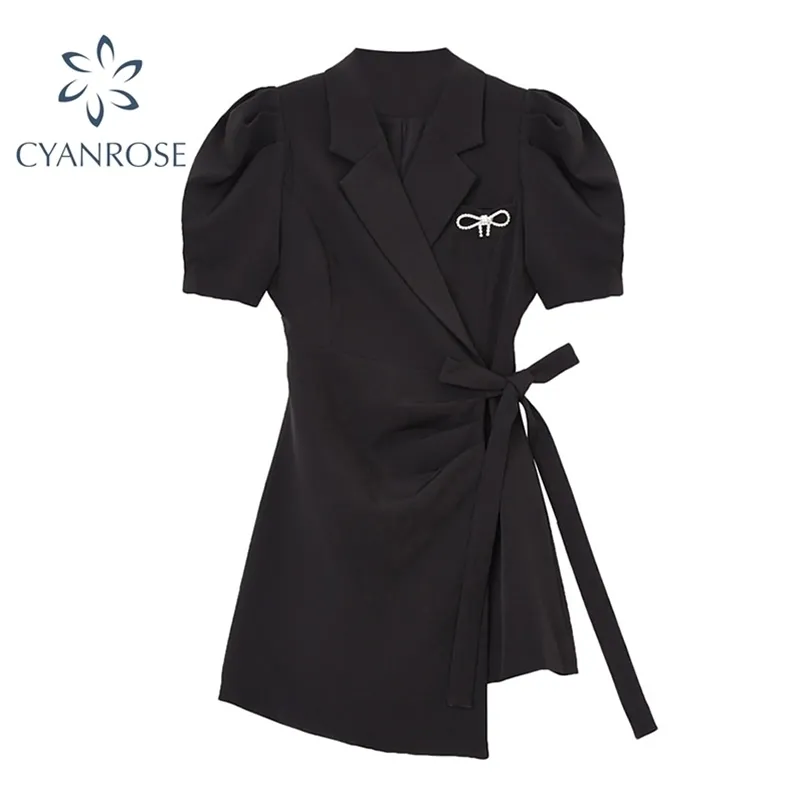 Kobiety Wysoka talia koronki w górę + łuk broszka czarny garnitur sukienka lato puff krótki rękaw nieregularny design biuro kobiety mini sukienki 210515