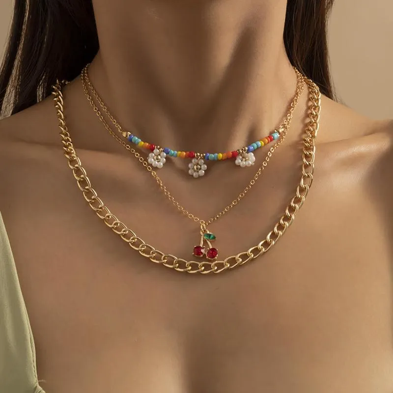 Pendant Necklaces 3pcs Bohemia Daisy Flower Bead Multilayered Women Cherry Diamond Necklace Hip Hop Metal Chain Female Jewelry