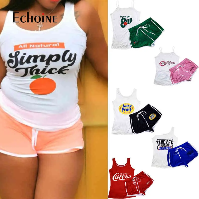 Echoine Summer Women Fashion Letter Print TrackSuit Two Piece Set Tshirts Camisole + Shorts Club Cute Sexy Bodycon Shorts Outfits x0428