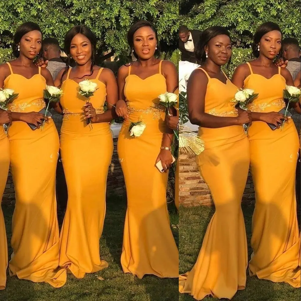 2021 Sexy Jaune Sirène Robes De Demoiselle D'honneur Pour Les Mariages Occidentaux Africains Élégant Bretelles Spaghetti Chérie Dentelle Appliques Élastique Satin Longue Demoiselle D'honneur Robes