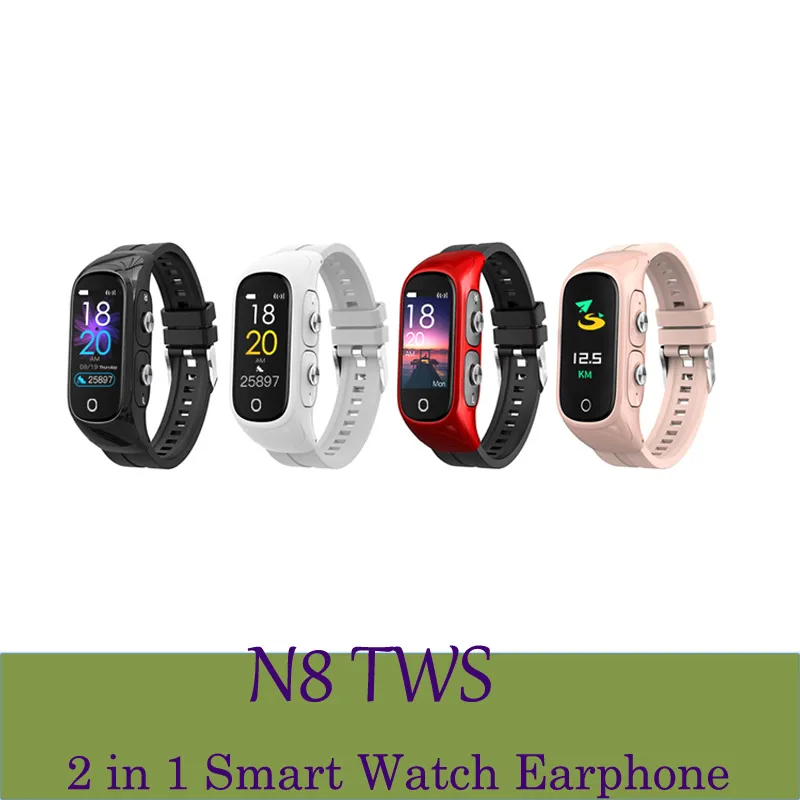 N8 TWS Bluetooth 2 w 1 Opaski na rękę Bezprzewodowe Słuchawki Smart Bransoletki Sleep Tracker Krokomierz Monitorowanie ciśnienia krwi Sportowe zegarki fitness