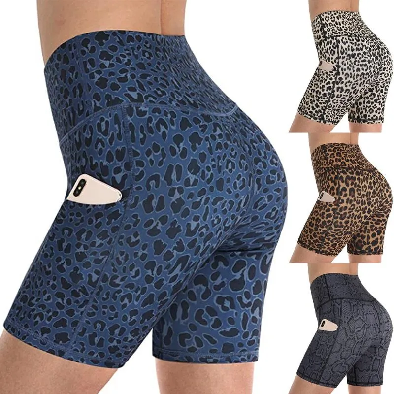 Vrouwen luipaard print shorts sport dames workout scrunch booty gym hoge taille zakken leggings femme 2021 dames